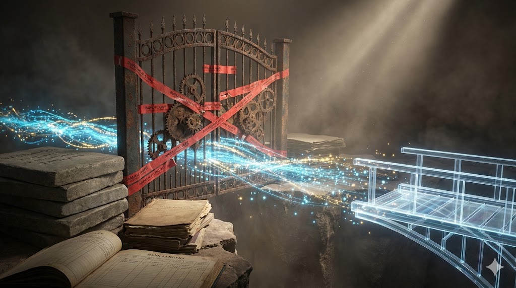 A rusted gate symbolizing old fashioned banking prevents access to the future of money