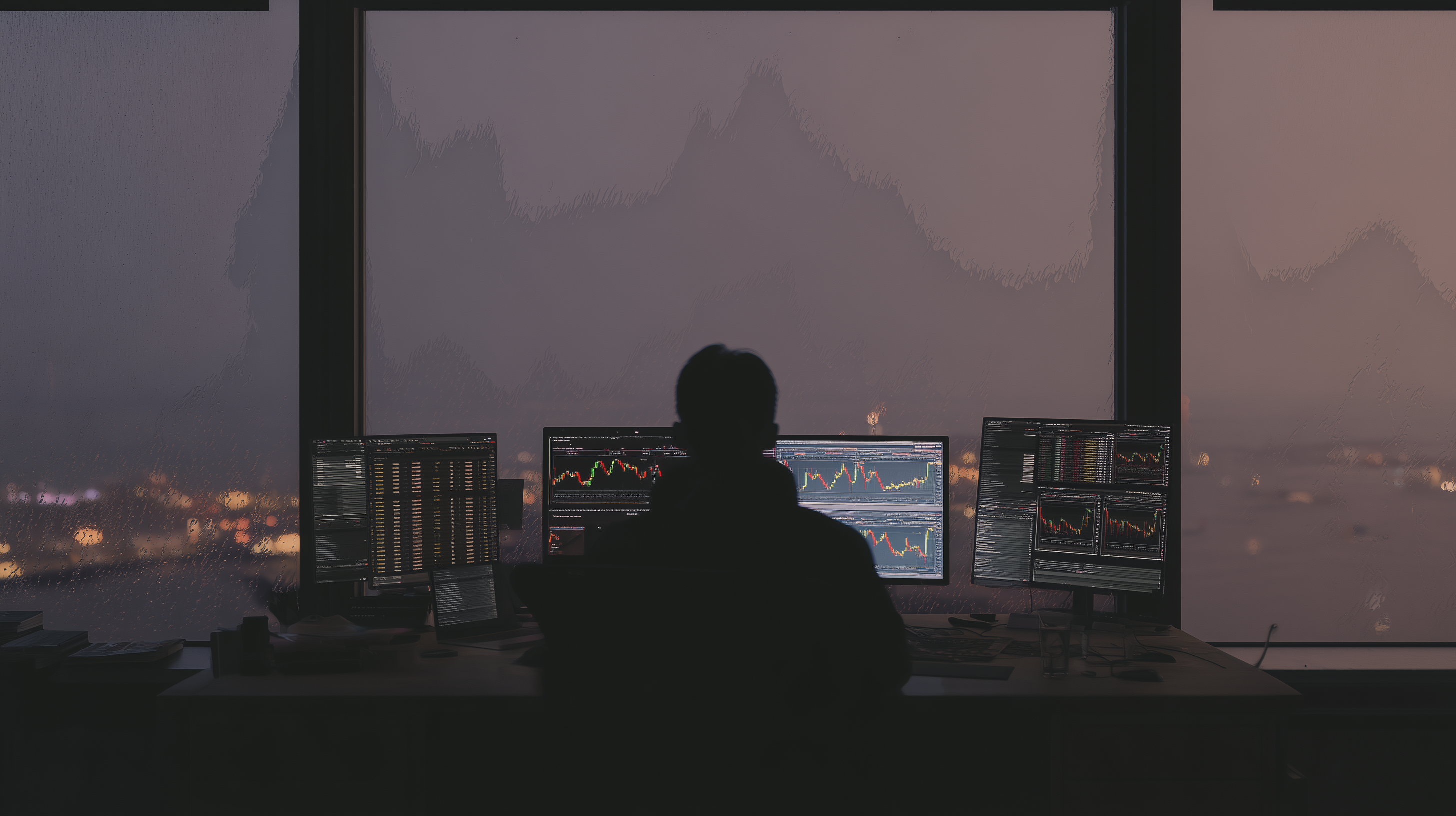 A trader looks at his monitors late in the evening