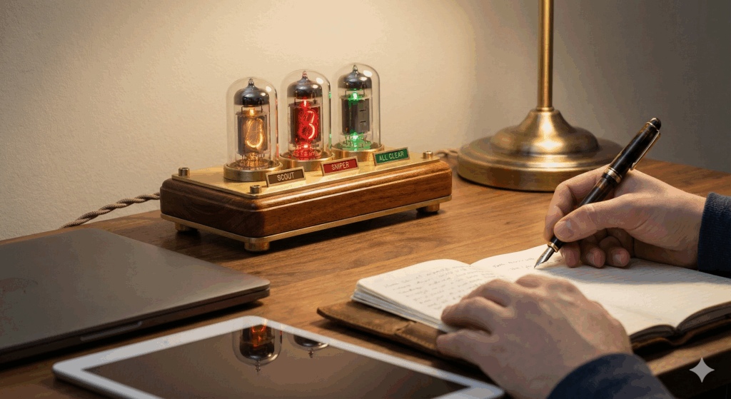A desk with steampunk Trading Alerts