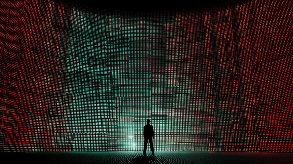A man stands tall before a towering wall of data
