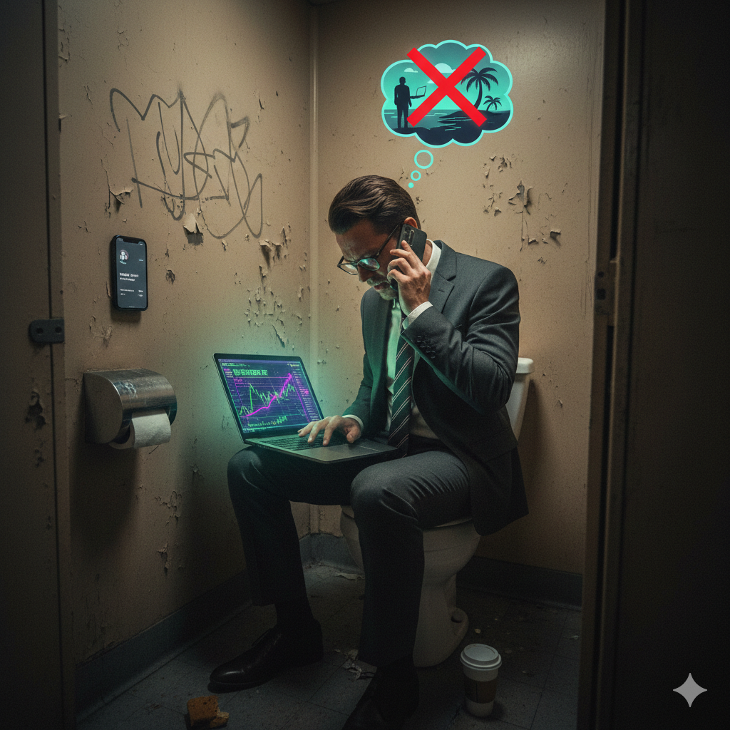 A man trading cryptocurrency in the bathroom