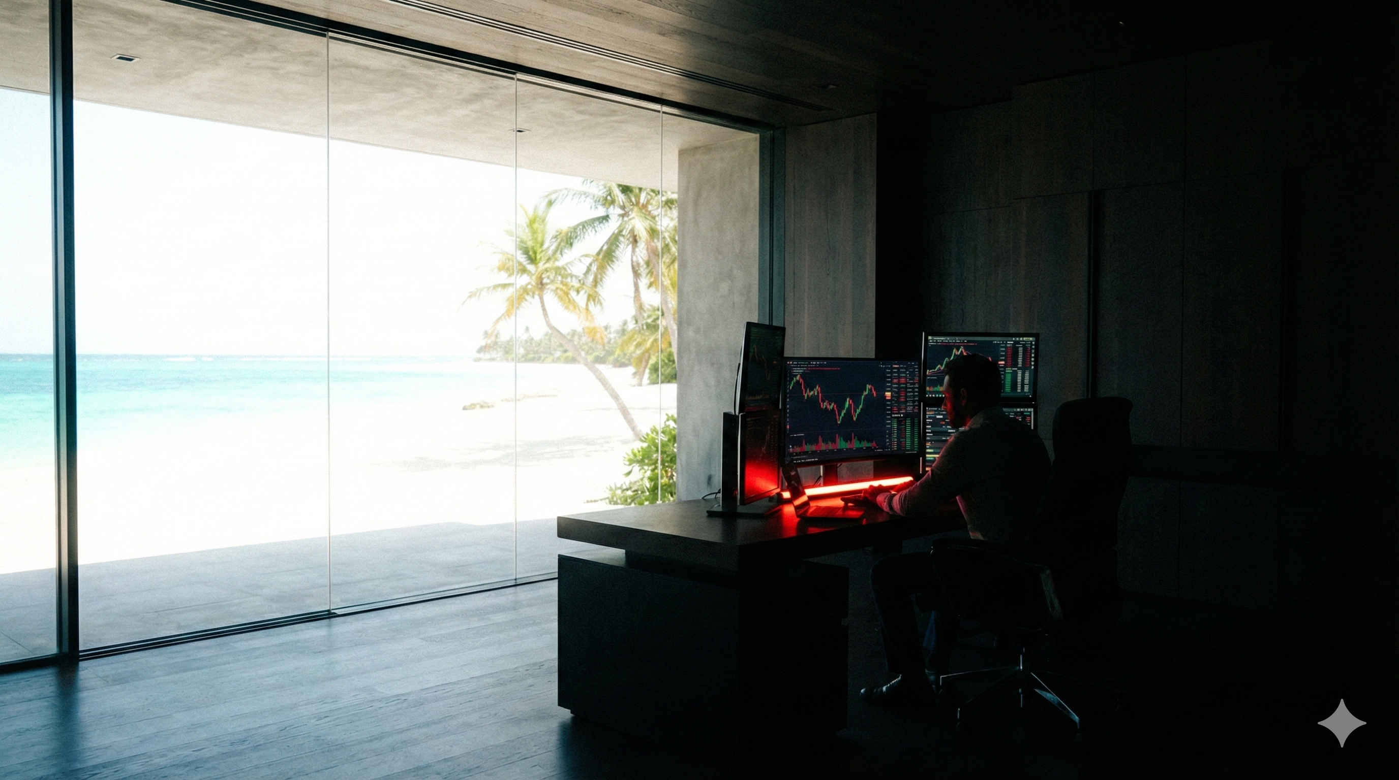 Trader looking out a window to the beach on a very sunny day
